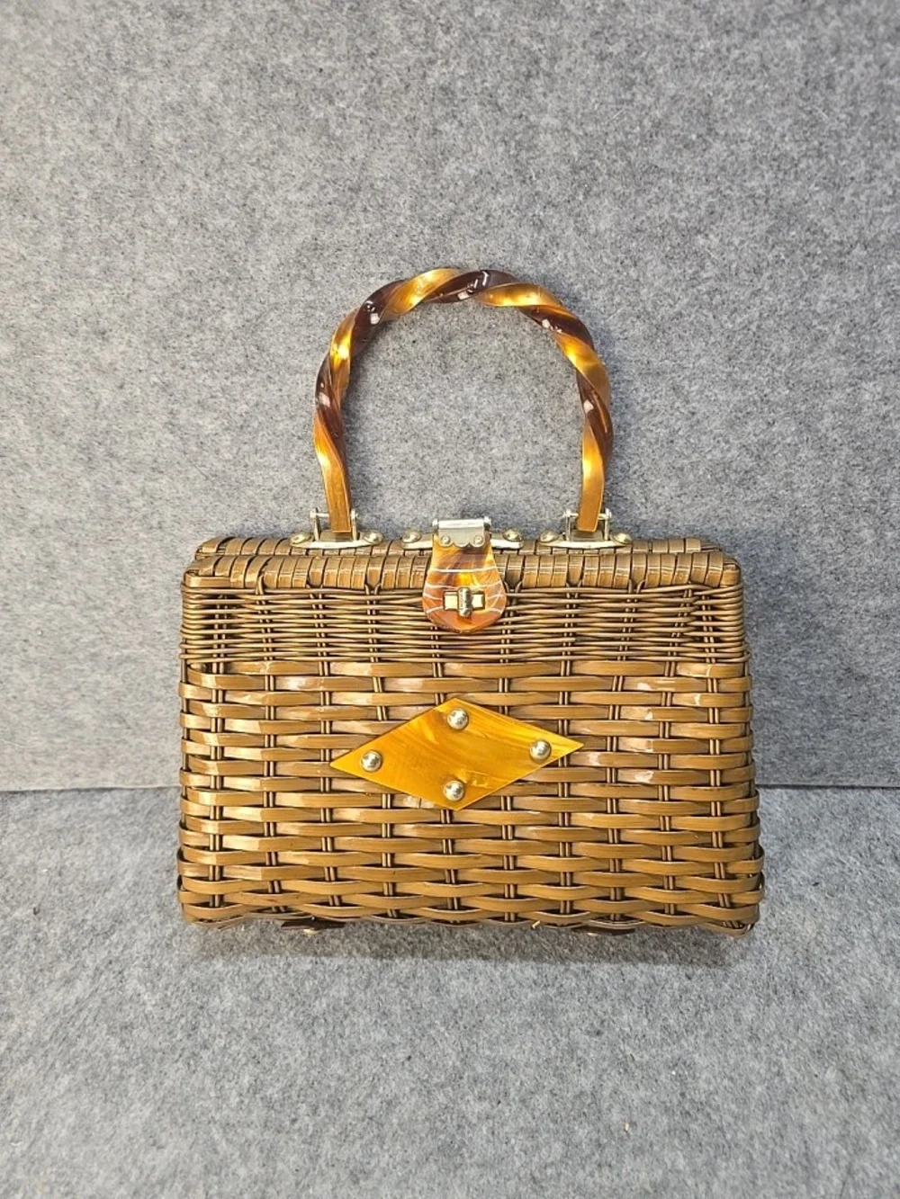 Vintage Handmade Wicker And Lucite Basket Handbag Made In Hong Kong